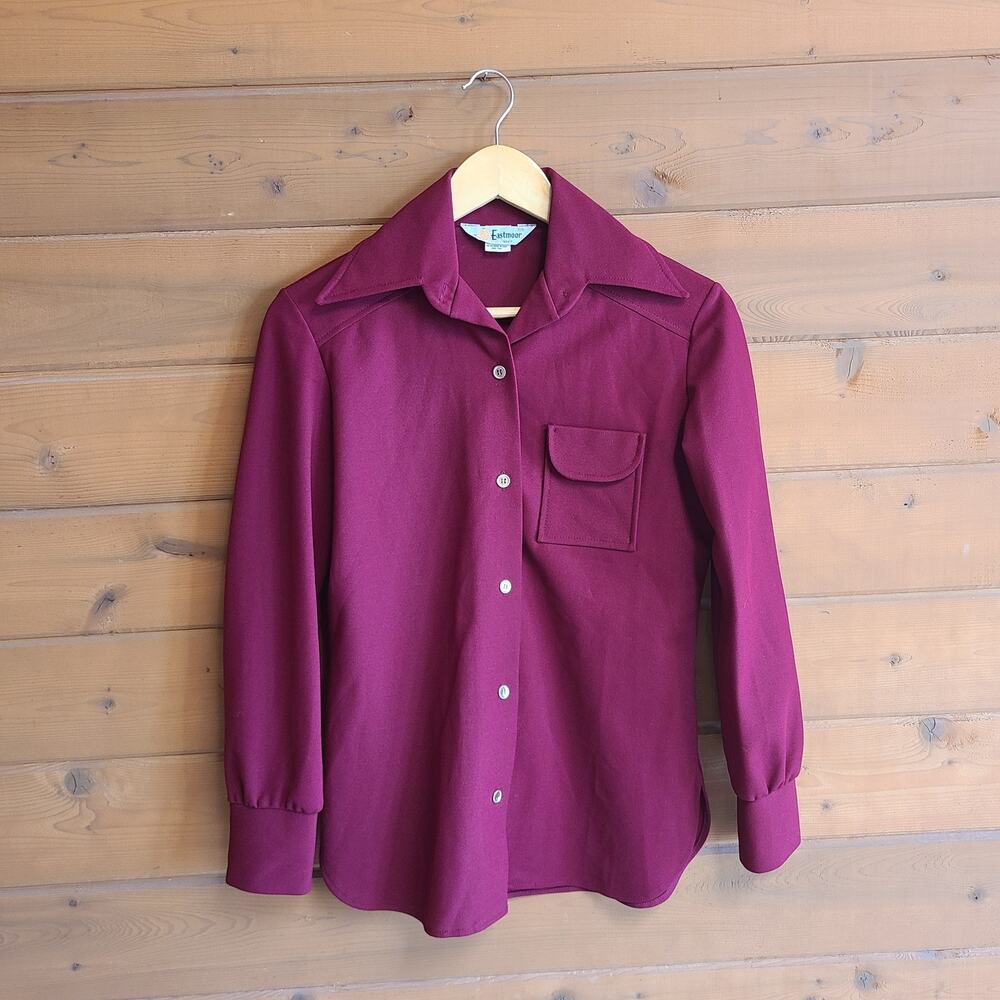 Vintage 70's Button Down Top Dagger Collar Disco Western Blouse Burgundy Shirt